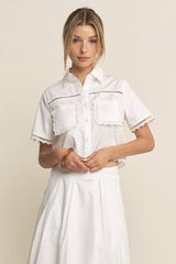 LACE DETAIL POCKET SHIRT & SKIRT SET-HSET0119: Off-White / L