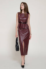 Front Slit Texture Faux Leather Pencil Midi Skirt: BLK-black / L