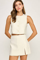 SLEEVELESS BUTTON CROPPED TOP: Ivory / L