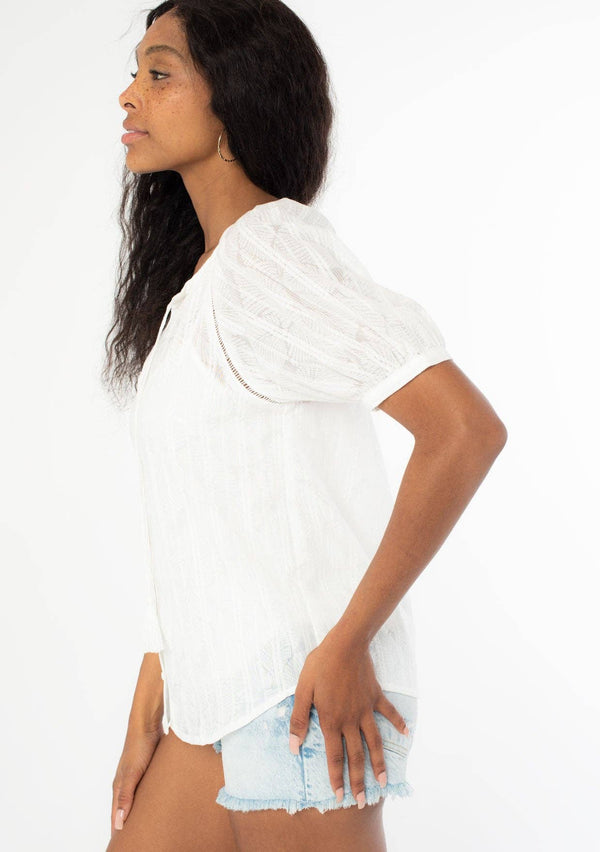 Sheer Short Puff Sleeve Button Down Blouse: L / White