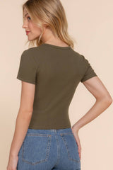 Short Sleeve Crew Neck Cotton Spandex Rib Knit Top : PNK-beige pink / L