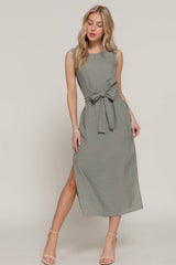 Waist Tie Stripe Linen Midi Dress