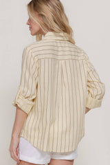Long Sleeve Button Down Stripe Linen Oversized Shirt: