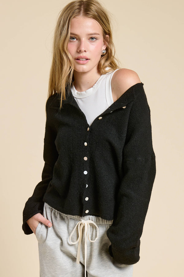Essential Button Down Cardigan Top Black