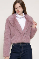 Long Sleeve Notched Collar Faux Fur Cropped Jacket: BRN-dark coffee / L