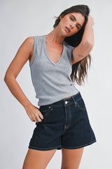 8489HK Ribbed V-Neck Tank Top: Matcha / Contemporary / M