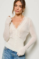 Lace Trim V Neck Knit Cardigan