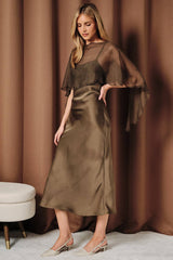 Sheer Chiffon Cape Overlay Satin Boat Neck Slip Midi