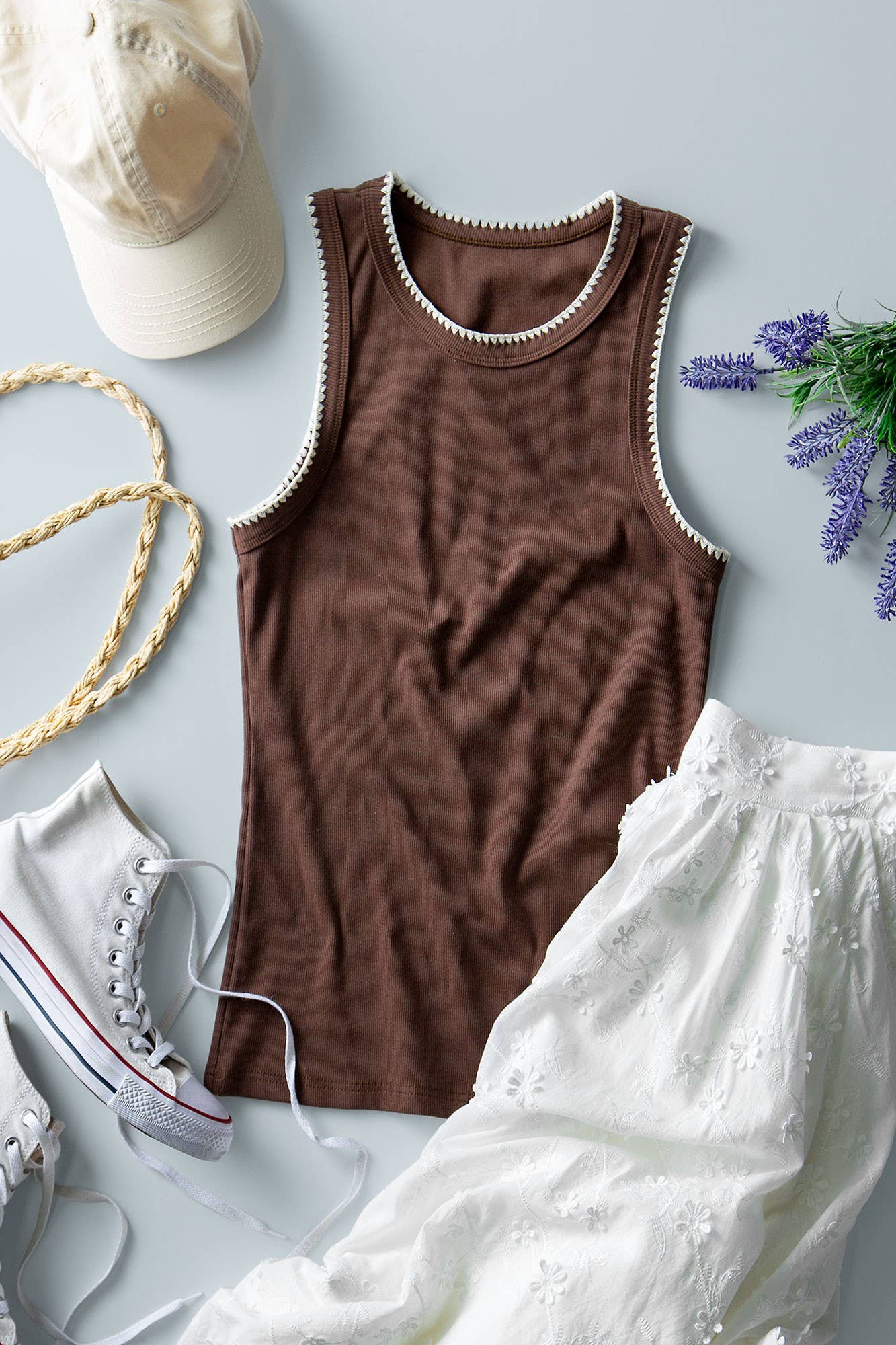 Contrast Trim Ribbed  Tank Top