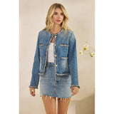 Tweed Trimmed Front Pocket Denim Jacke