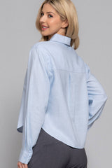Long Sleeve Button Down Crop Linen Blend Shirt