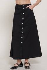 Stretch Cotton Twill A-Line Button Down Maxi Skirt: BLK-black / L