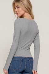 Long Sleeve Scoop Neck with Lace Trim Rib Knit Top: HGY-h grey / L