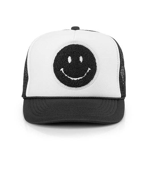 Local Beach Smiley Patch Trucker Hat: Black/Black