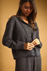 J7311ST   BUTTON FRONT SWEATER JACKET WITH HOOD: CHARCOAL / L