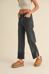 Cuffed Bottom Black Denim Pant
