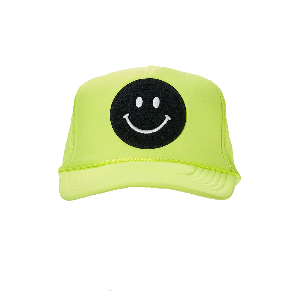 Local Beach Smiley Patch Trucker Hat: Black/Black