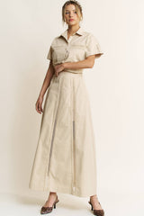 LACE TRIM BUTTON DOWN SHIRT AND MAXI SKIRT SET - HESET0032: SAND / L