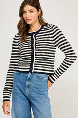 TEXTURED STRIPED BUTTON-FRONT CARDIGAN: Off White/Navy / L