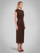 Satin Cap Sleeve Fitted Midi Dress: Deep Steel Blue / S