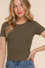 Short Sleeve Crew Neck Cotton Spandex Rib Knit Top : PNK-beige pink / L