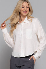 Long Sleeve Button Down Crop Linen Blend Shirt
