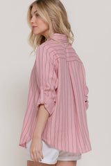 Long Sleeve Button Down Stripe Linen Oversized Shirt: