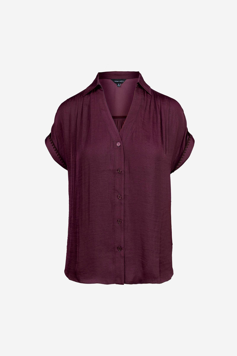 Whipstitch Short Sleeve Button Up Blouse