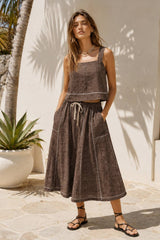 LINEN STITCH MIDI SKIRT: DARK BROWN / S
