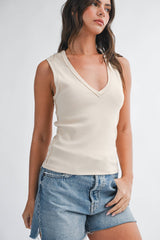 8489HK Ribbed V-Neck Tank Top: Matcha / Contemporary / L