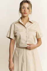 LACE TRIM BUTTON DOWN SHIRT AND MAXI SKIRT SET - HESET0032: SAND / L