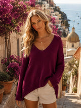 Coastal Luxe V-Neck Sweater | Lightweight Cotton Blend Knit: Camel / Contemporary / L
