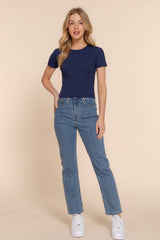 Short Sleeve Crew Neck Cotton Spandex Rib Knit Top : PNK-beige pink / L