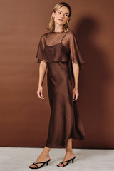 Sheer Chiffon Cape Overlay Satin Boat Neck Slip Midi