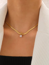 Blanc 18K Gold Non-Tarnish CZ Snake Chain Necklace: Yellow Gold / Square Pendant