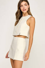SLEEVELESS BUTTON CROPPED TOP: Ivory / L