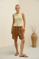 Sleeveless Gingham Knit Top with Button