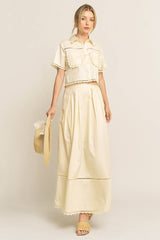 LACE DETAIL POCKET SHIRT & SKIRT SET-HSET0119: Off-White / L