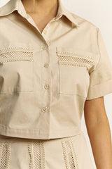 LACE TRIM BUTTON DOWN SHIRT AND MAXI SKIRT SET - HESET0032: SAND / L