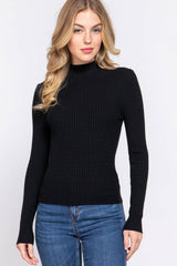 Long Sleeve Mock Neck Rib Sweater  : RED