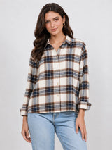 Women's Plaid Back Shirring Button Shirt: MILLIE / L