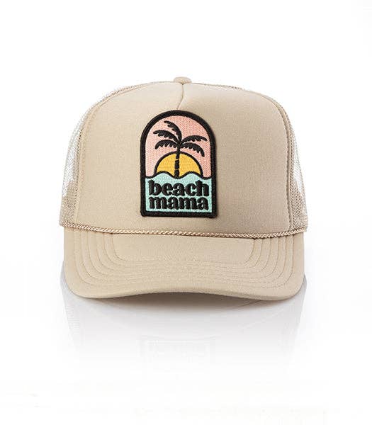 Beach Mama Patch Trucker Hat: Khaki