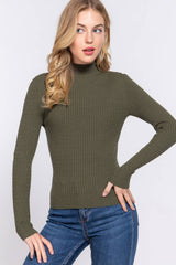 Long Sleeve Mock Neck Rib Sweater  : RED