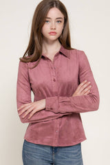 Long Sleeve Button Down Stretch Faux Suede Shirt: TPE-dark beige / L