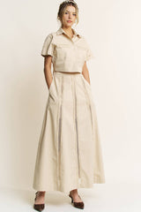 LACE TRIM BUTTON DOWN SHIRT AND MAXI SKIRT SET - HESET0032: SAND / L