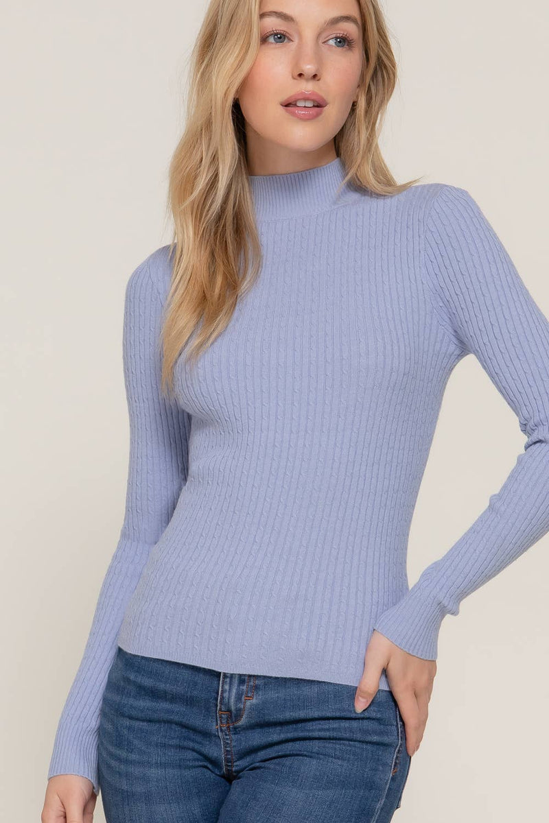 Lt Blue Long Sleeve Mock Neck Rib Sweater