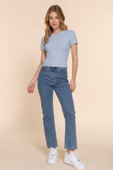 Short Sleeve Crew Neck Cotton Spandex Rib Knit Top : PNK-beige pink / L