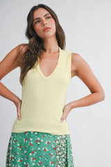 8489HK Ribbed V-Neck Tank Top: Matcha / Contemporary / M