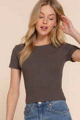 Short Sleeve Crew Neck Cotton Spandex Rib Knit Top : PNK-beige pink / L