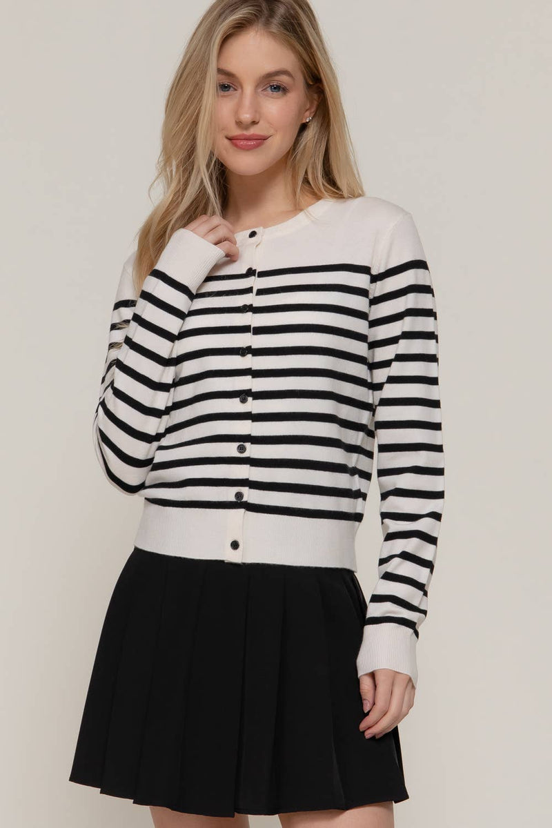 Crew Neck Stripe Sweater Cardigan